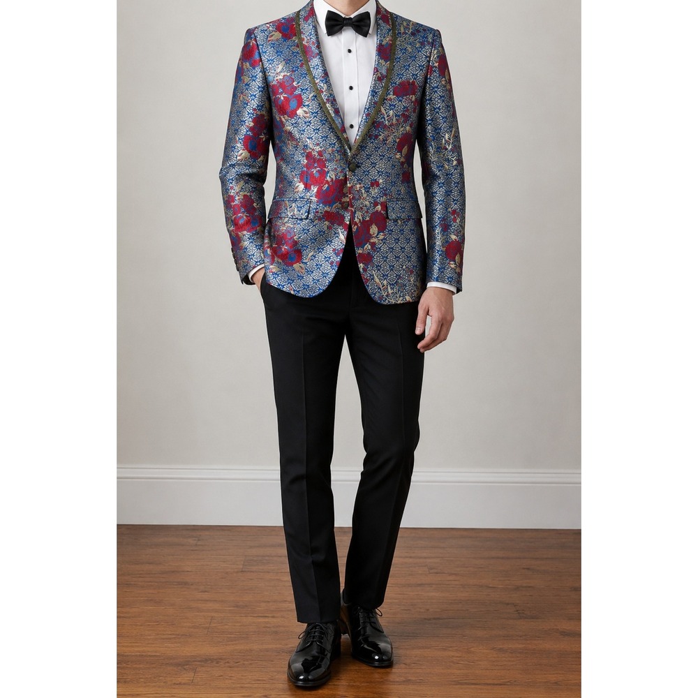 Floral Brocade Blazer Men 38 Blue Red Jacquard Shawl Collar Italian Prom Event